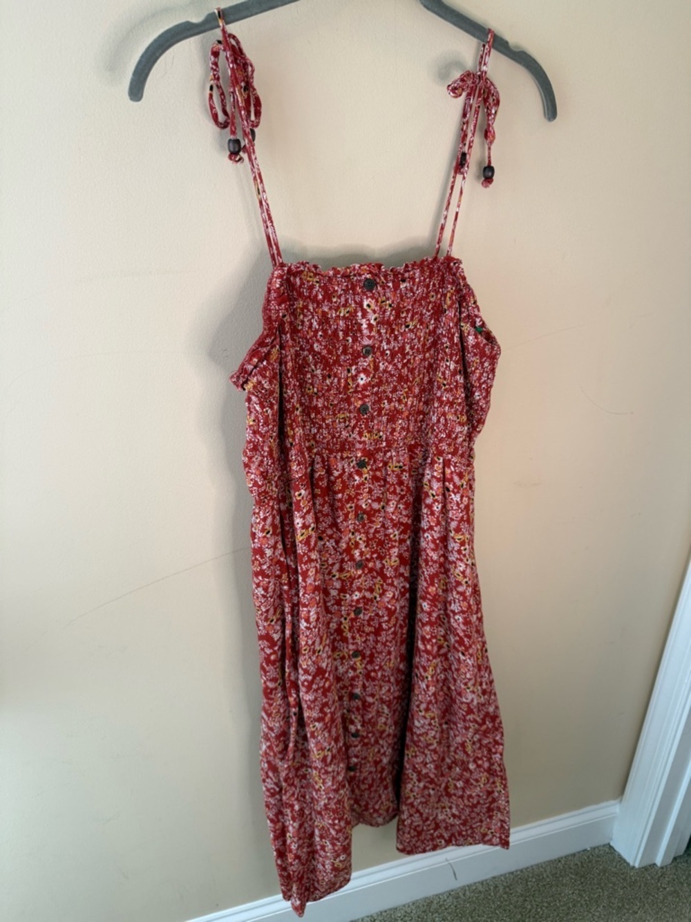 Wonderly red floral smocked apron dress tie straps boho cottagecore size XL